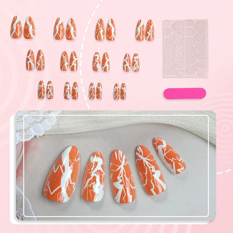 Press-On Nail Set Peel-And-Stick Orange & White Multiple Sizes