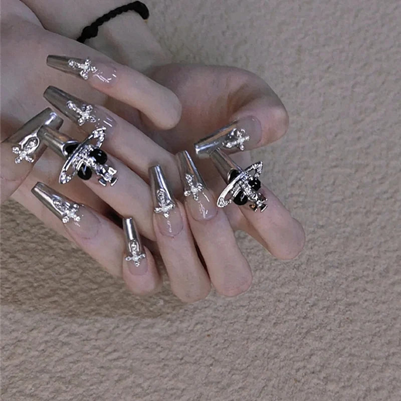 Press-On Nail Set Peel-And-Stick Reusable Glossy Black Gems