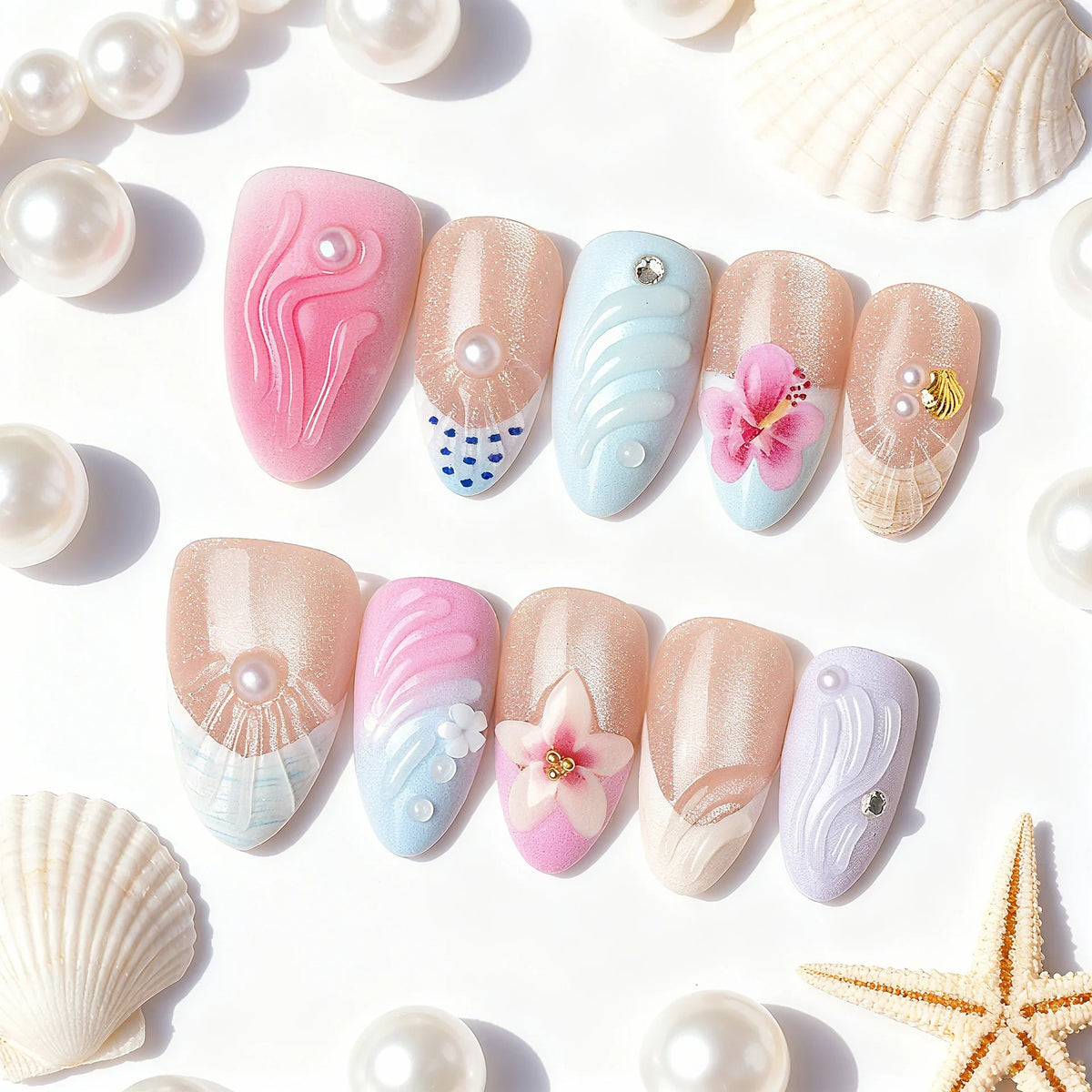 Press-On Nail Set Peel-And-Stick Reusable Handmade Floral Pearl
