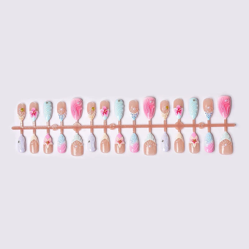 Press-On Nail Set Peel-And-Stick Reusable Handmade Floral Pearl