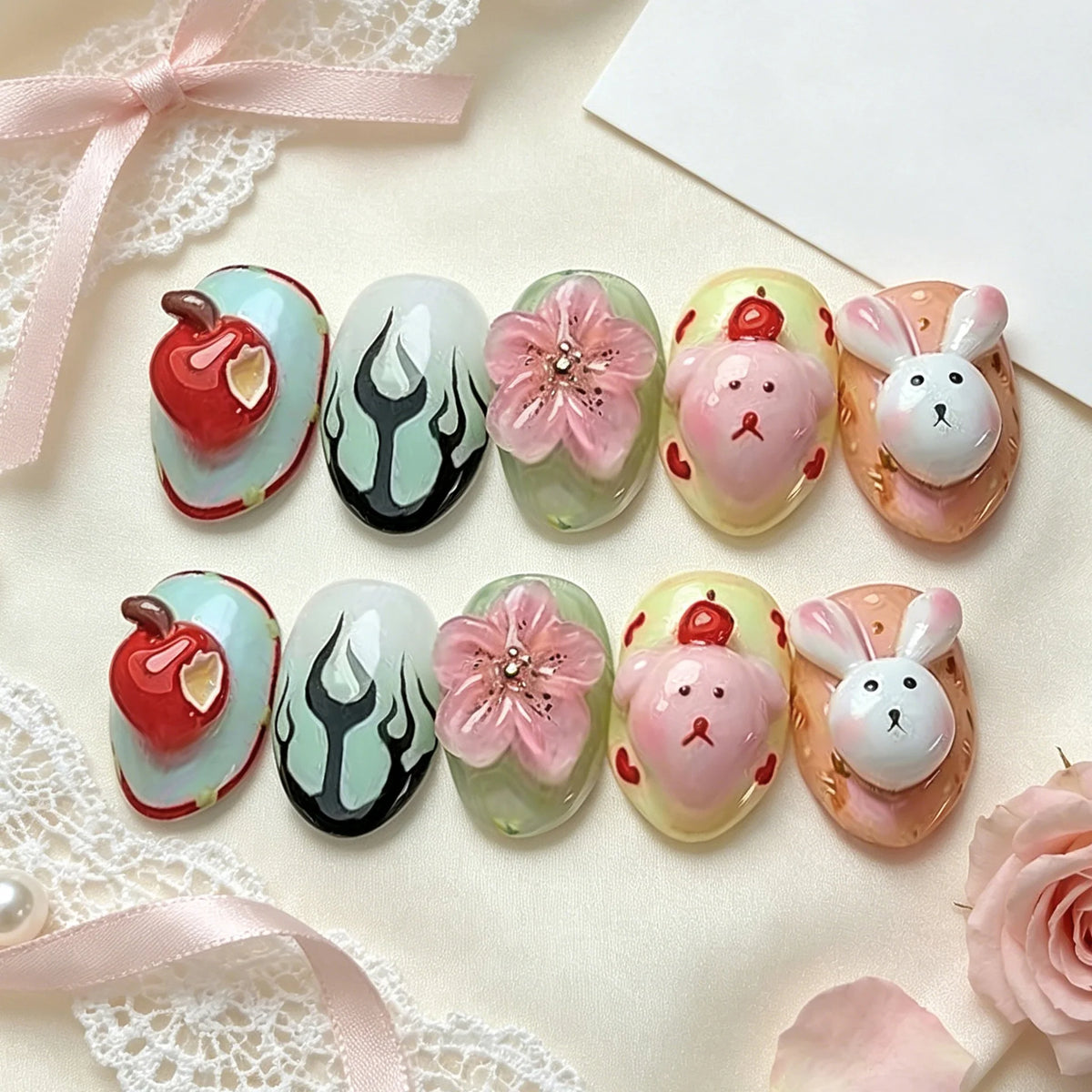Press-On Nail Set Peel-And-Stick Whimsical Bunny & Floral