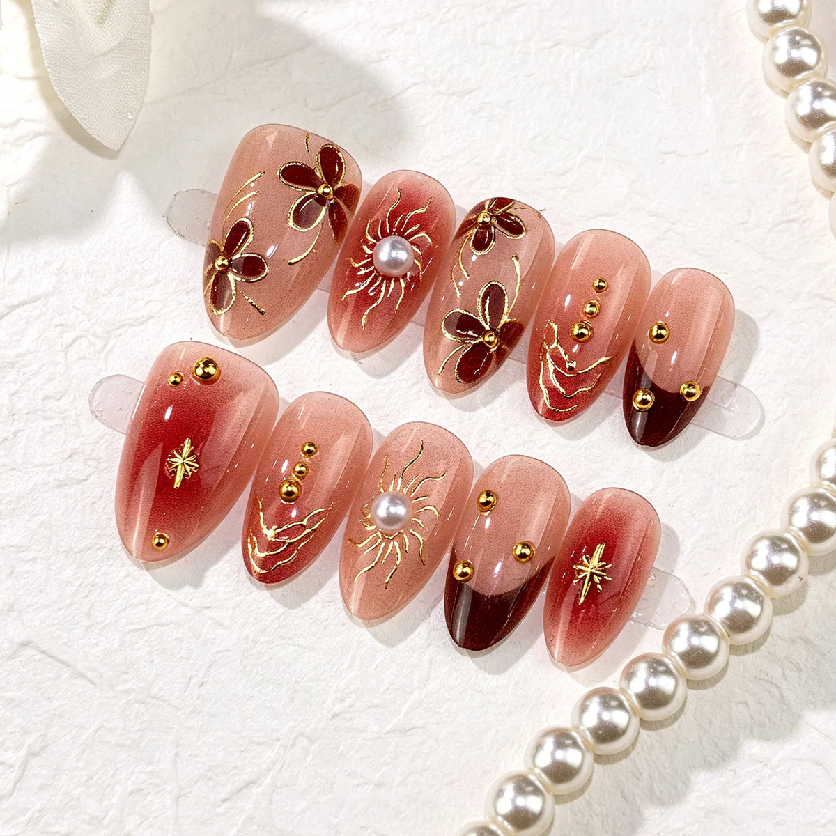 Press-On Nail Set Peel & Stick Floral Pearl Accents