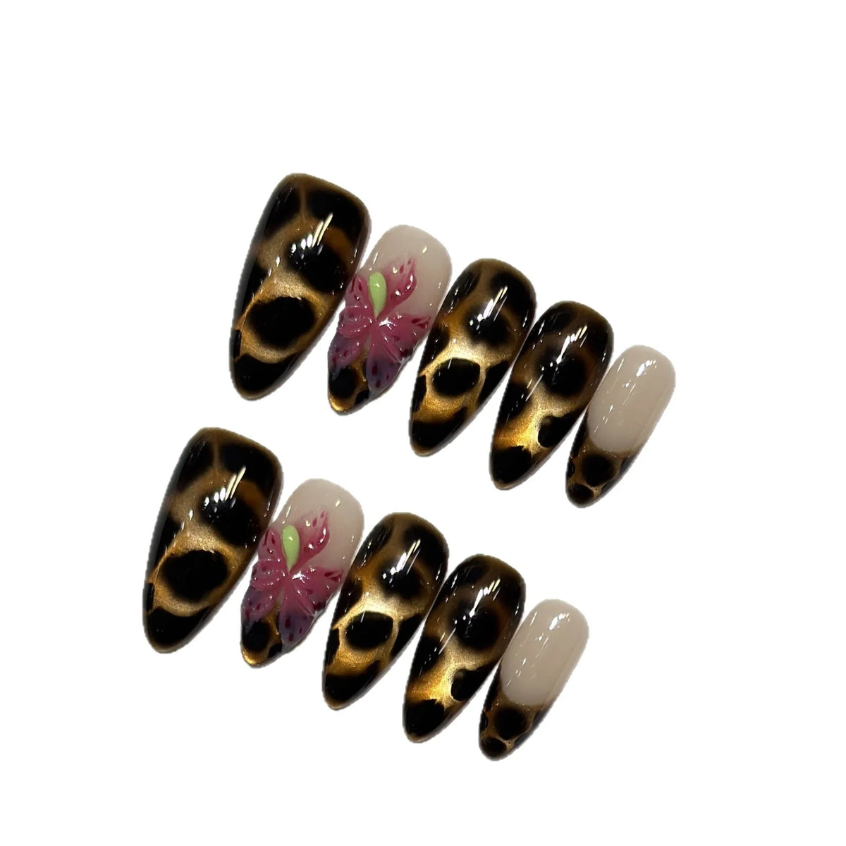 Press-On Nail Set Peel-and-Stick Leopard Print & Floral Accent
