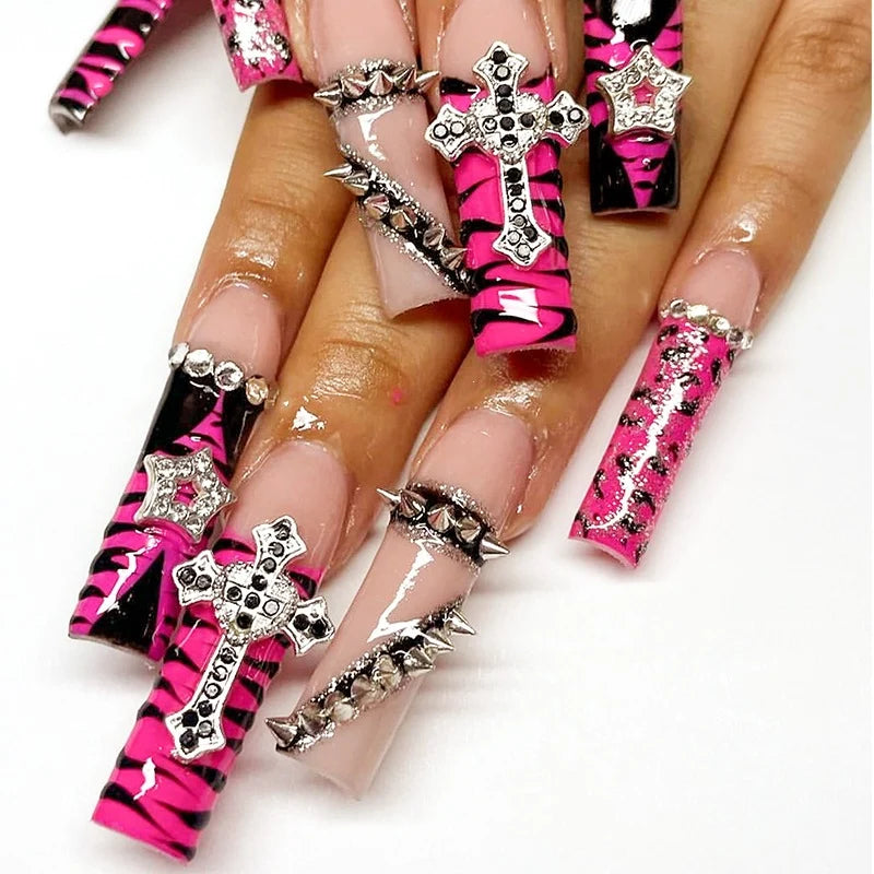 Press-On Nail Set Pink Animal Print & Glitter