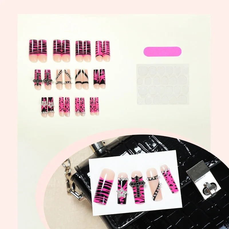 Press-On Nail Set Pink Animal Print & Glitter