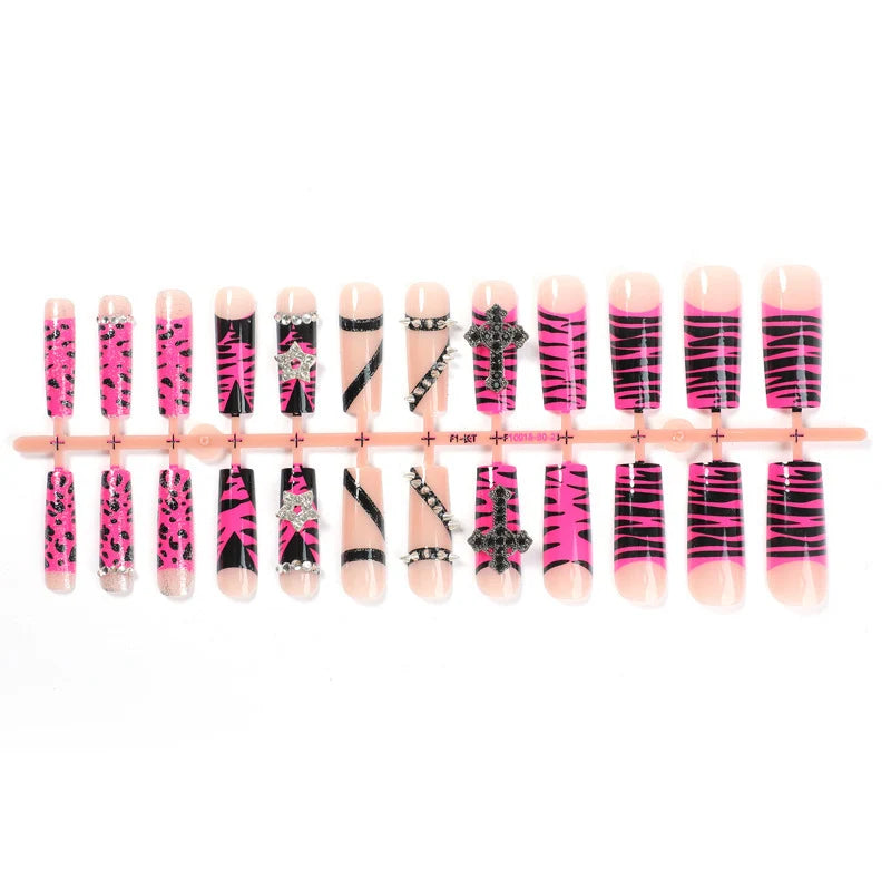 Press-On Nail Set Pink Animal Print & Glitter