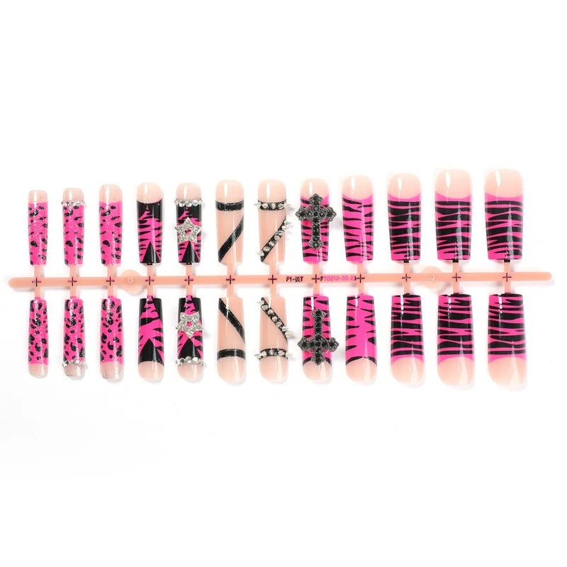 Press-On Nail Set Pink Animal Print & Glitter