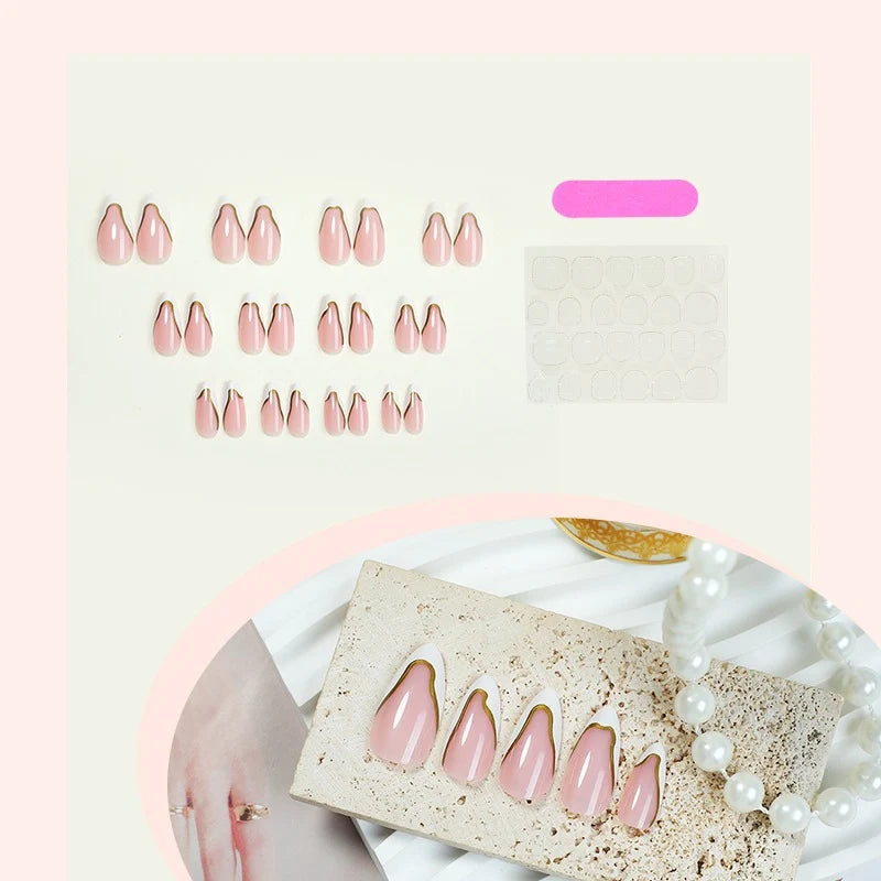 Press-On Nail Set Pink Gold Accents 24-Piece