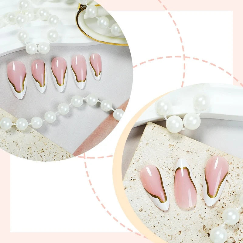 Press-On Nail Set Pink Gold Accents 24-Piece
