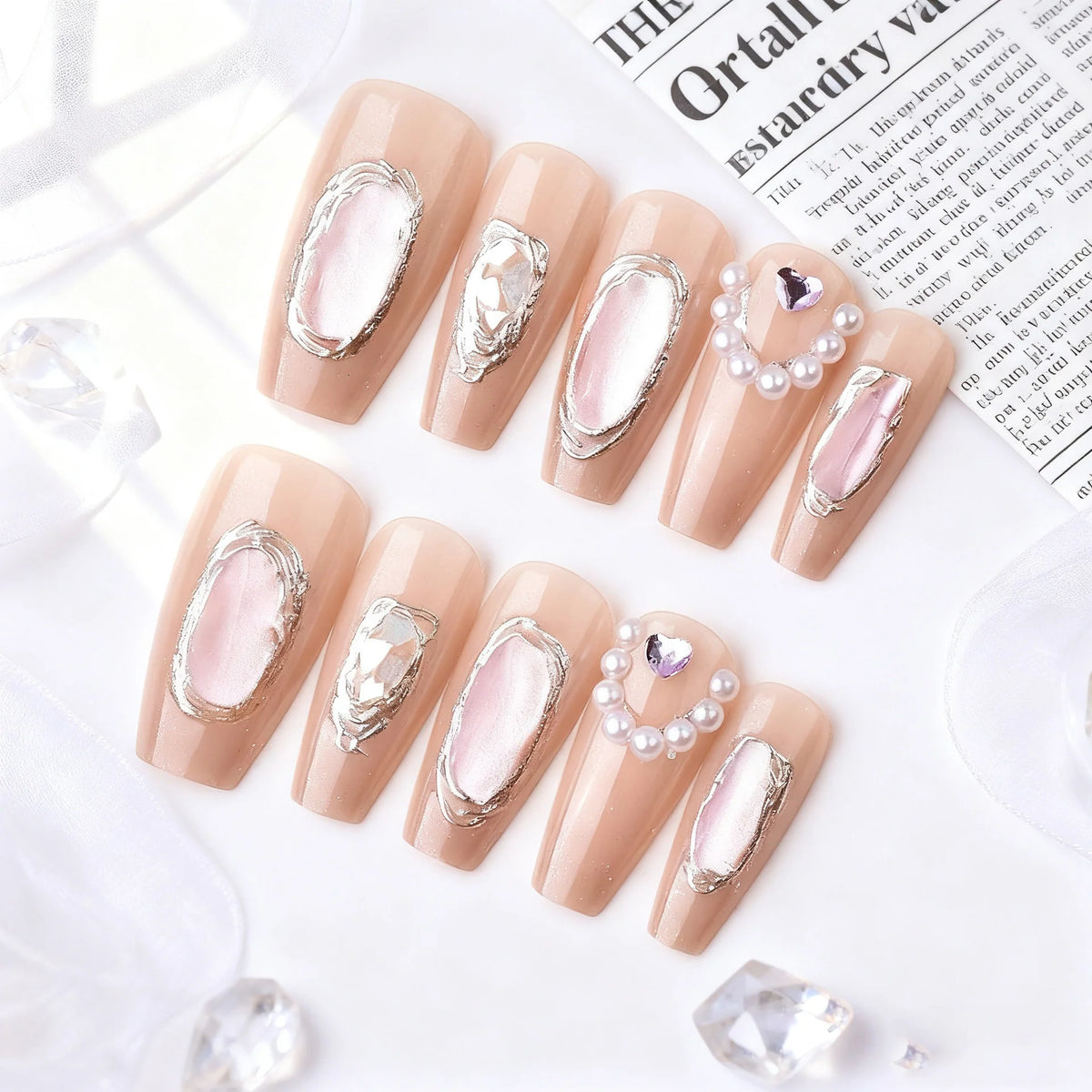 Press-On Nail Set Pink Pearl & Silver Multiple Sizes