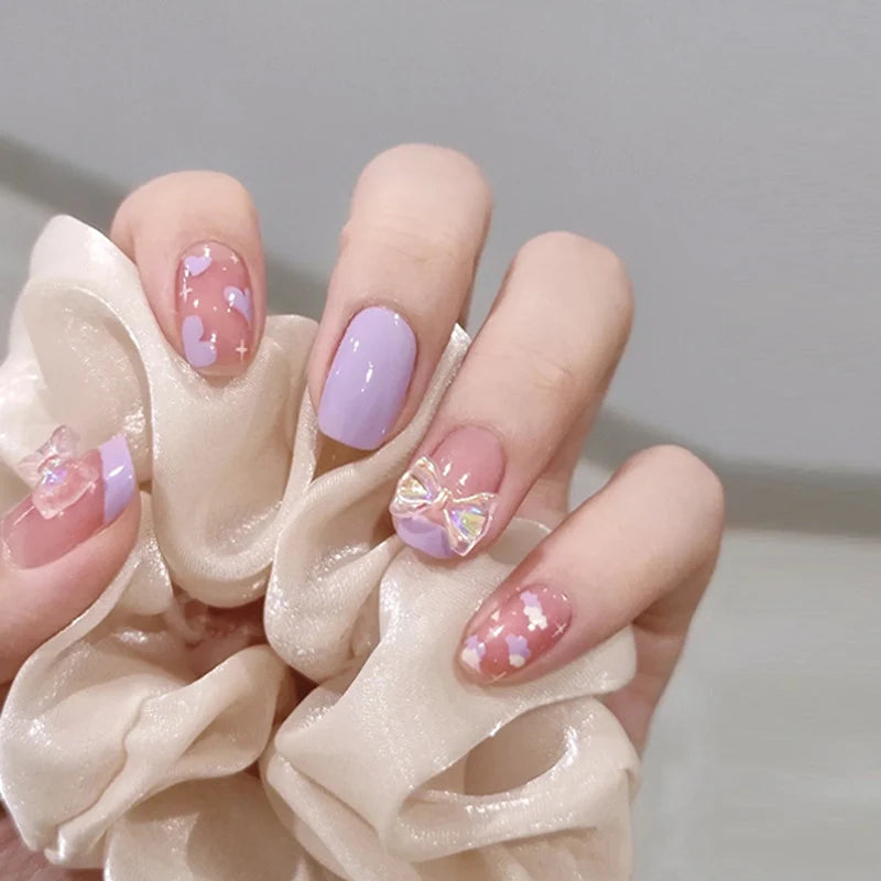 Press-On Nail Set Pink Purple Heart Easy Application