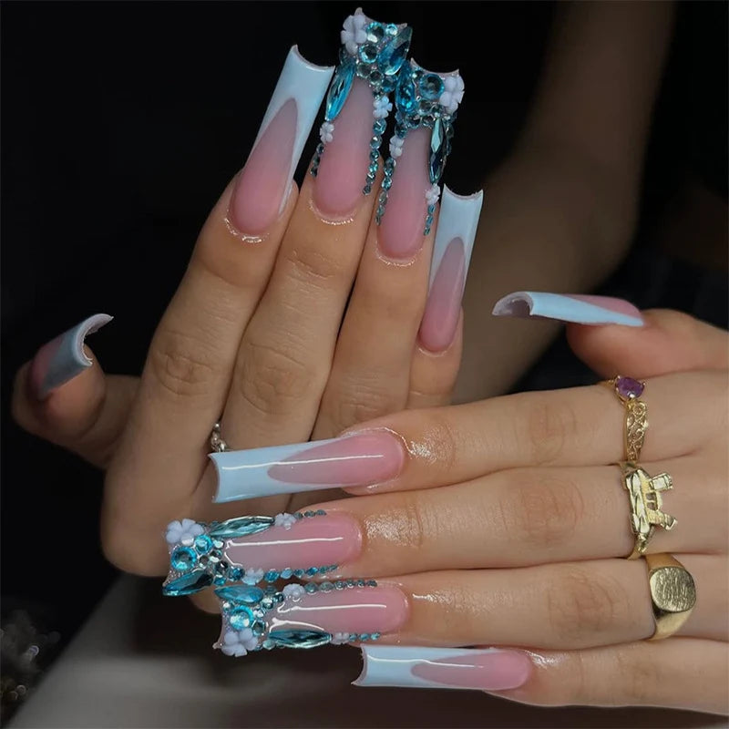 Press-On Nail Set Pink & White Embellished