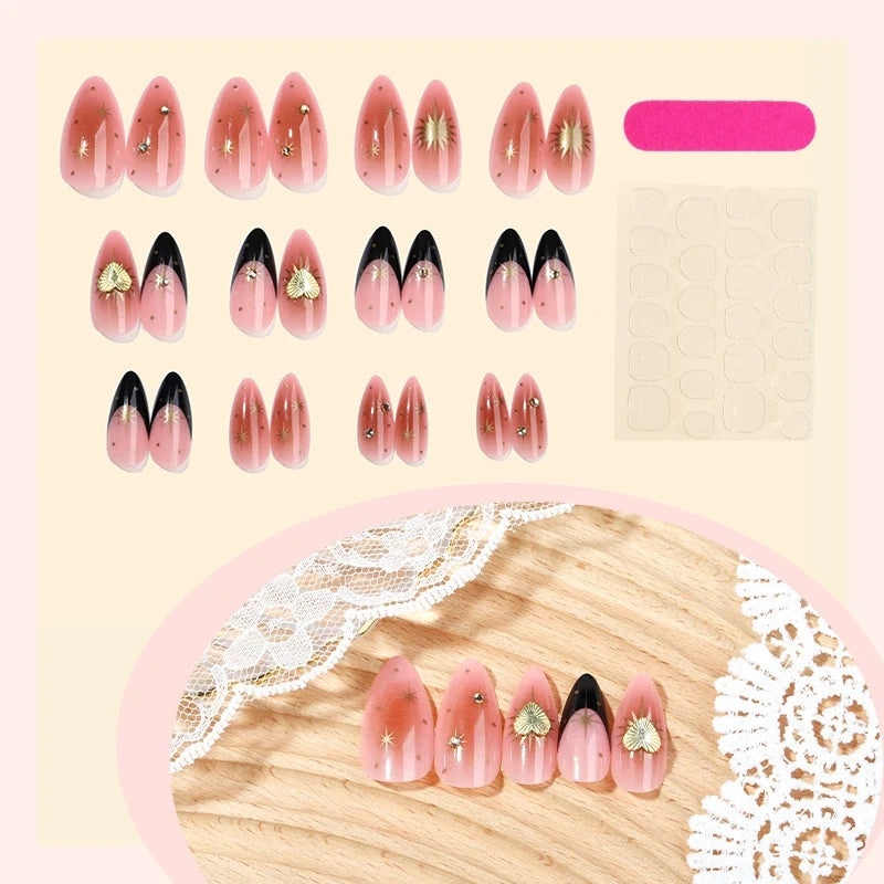 Press-On Nail Set Pointed Gold Star & Shell Accents