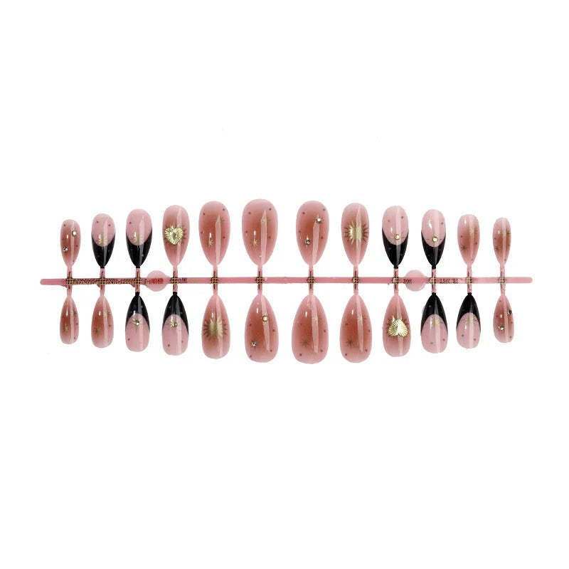 Press-On Nail Set Pointed Gold Star & Shell Accents