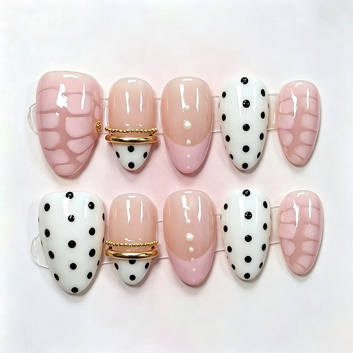 Press-On Nail Set Polka Dot & Metallic Accents Self-Adhesive