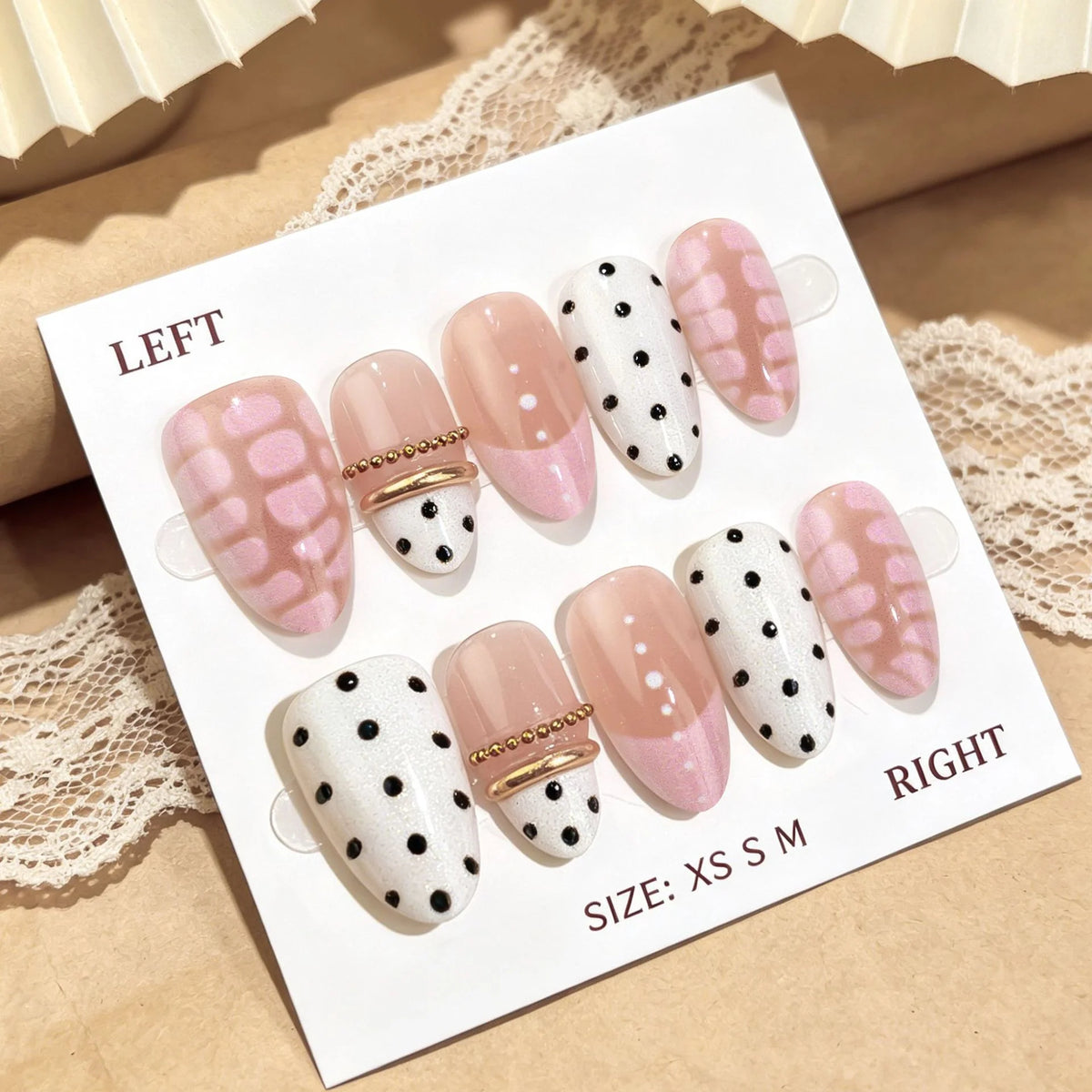 Press-On Nail Set Polka Dot & Metallic Accents Self-Adhesive