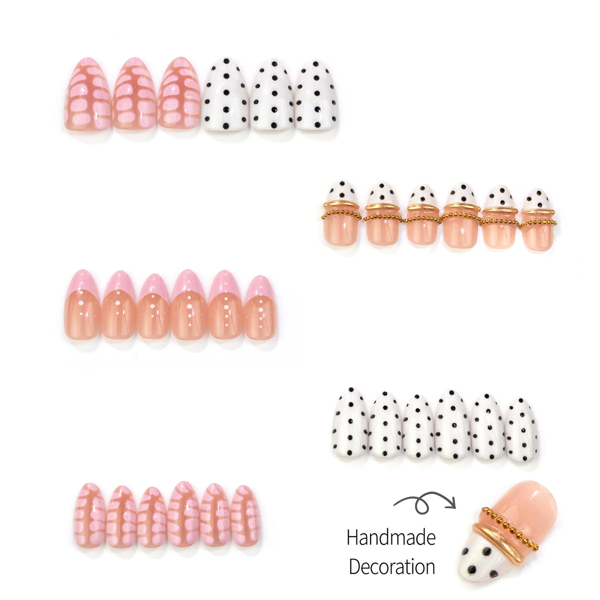 Press-On Nail Set Polka Dot & Metallic Accents Self-Adhesive