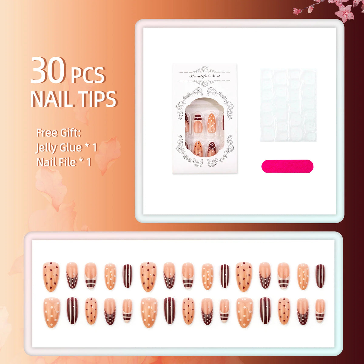 Press-On Nail Set Polka Dot & Stripe Multi-Size Reusable