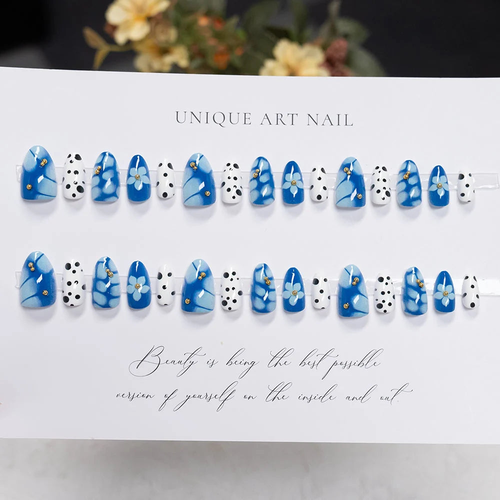 Press-On Nail Set Pre-Applied Adhesive Artistic Floral Multiple Sizes