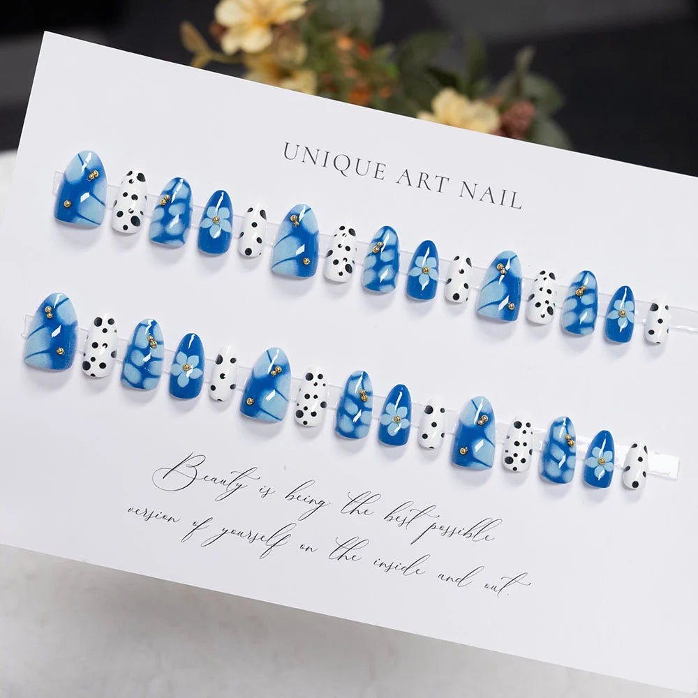 Press-On Nail Set Pre-Applied Adhesive Artistic Floral Multiple Sizes