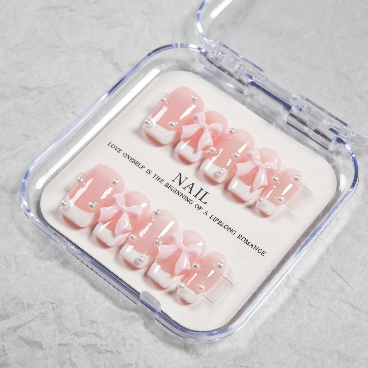 Press-On Nail Set Pre-Applied Adhesive Pink Bow & Pearl