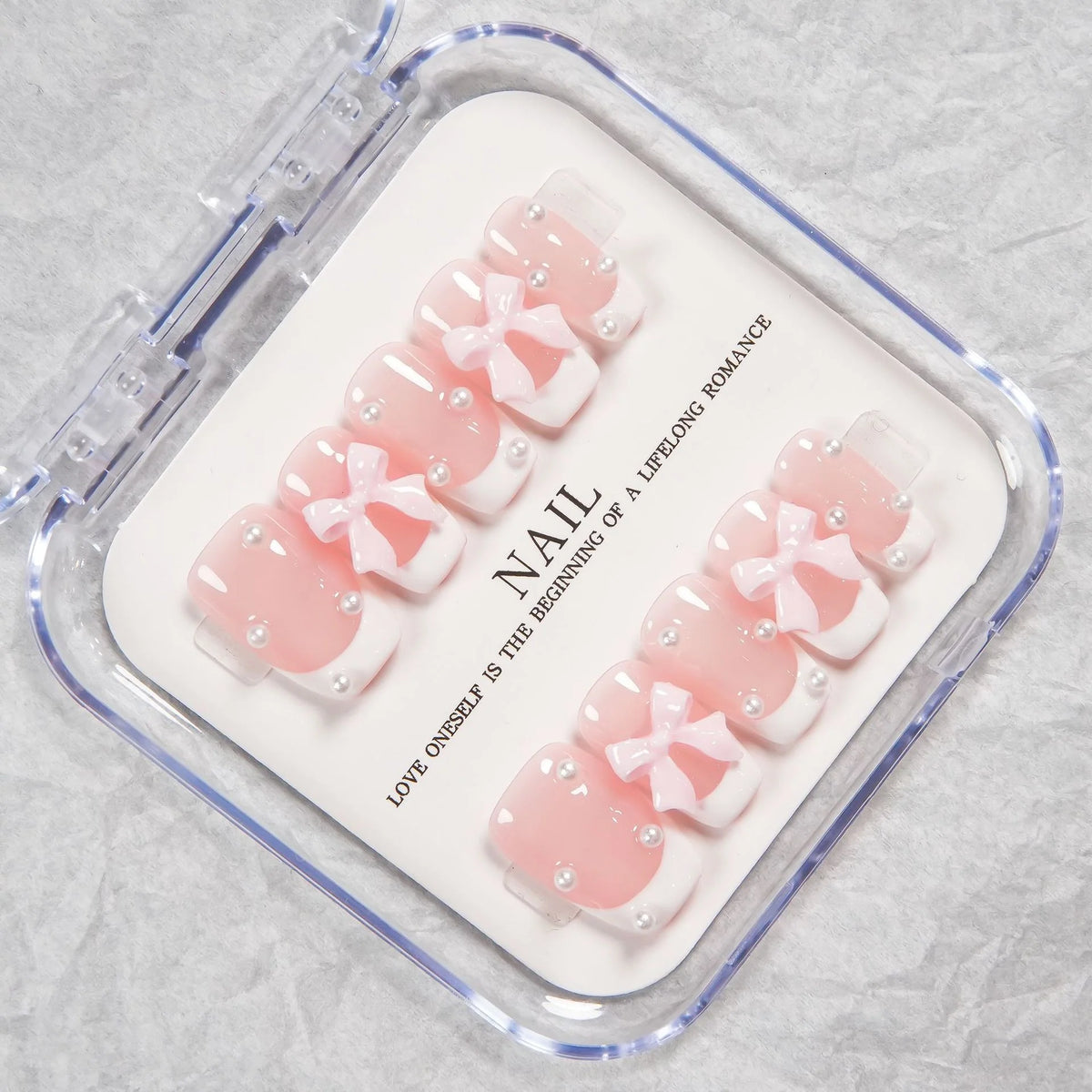 Press-On Nail Set Pre-Applied Adhesive Pink Bow & Pearl