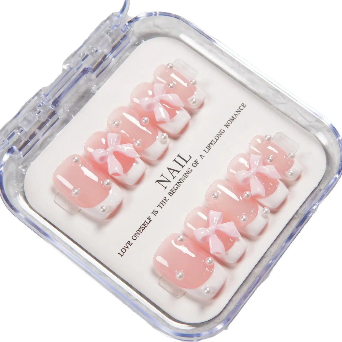 Press-On Nail Set Pre-Applied Adhesive Pink Bow & Pearl