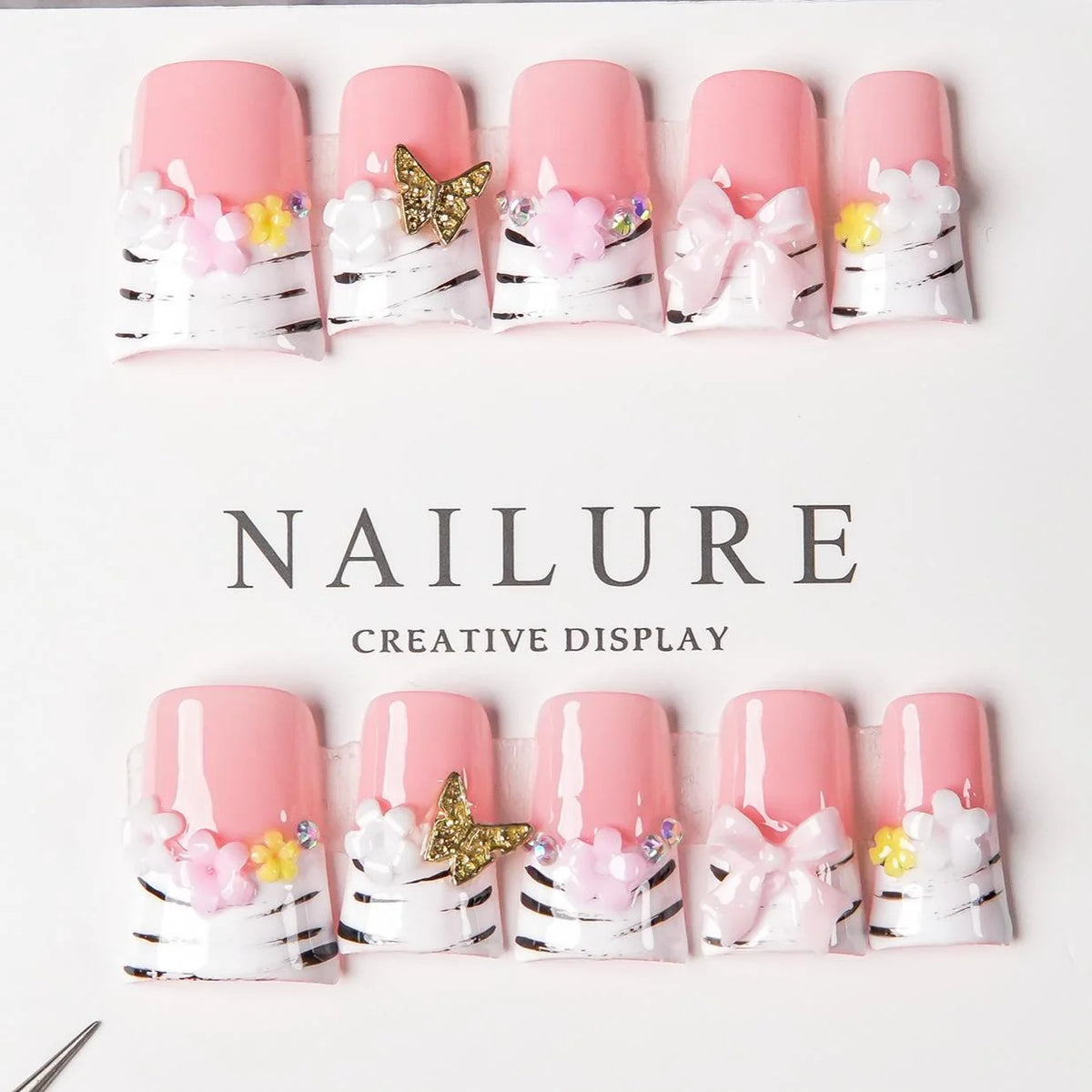 Press-On Nail Set Pre-Designed Pink Floral & Butterfly