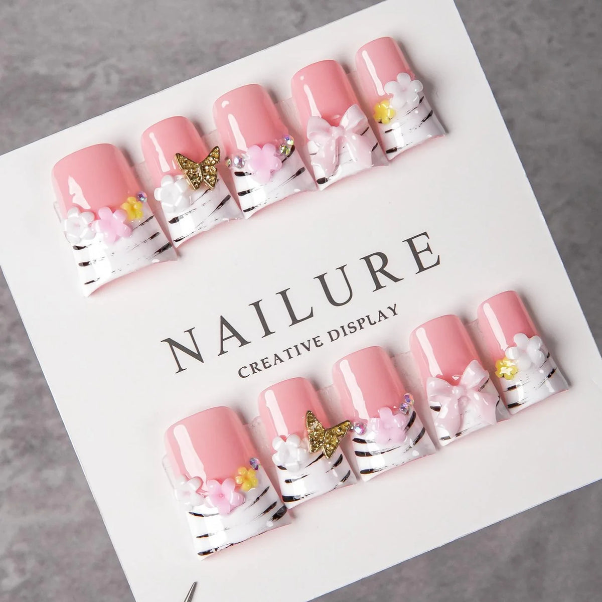 Press-On Nail Set Pre-Designed Pink Floral & Butterfly