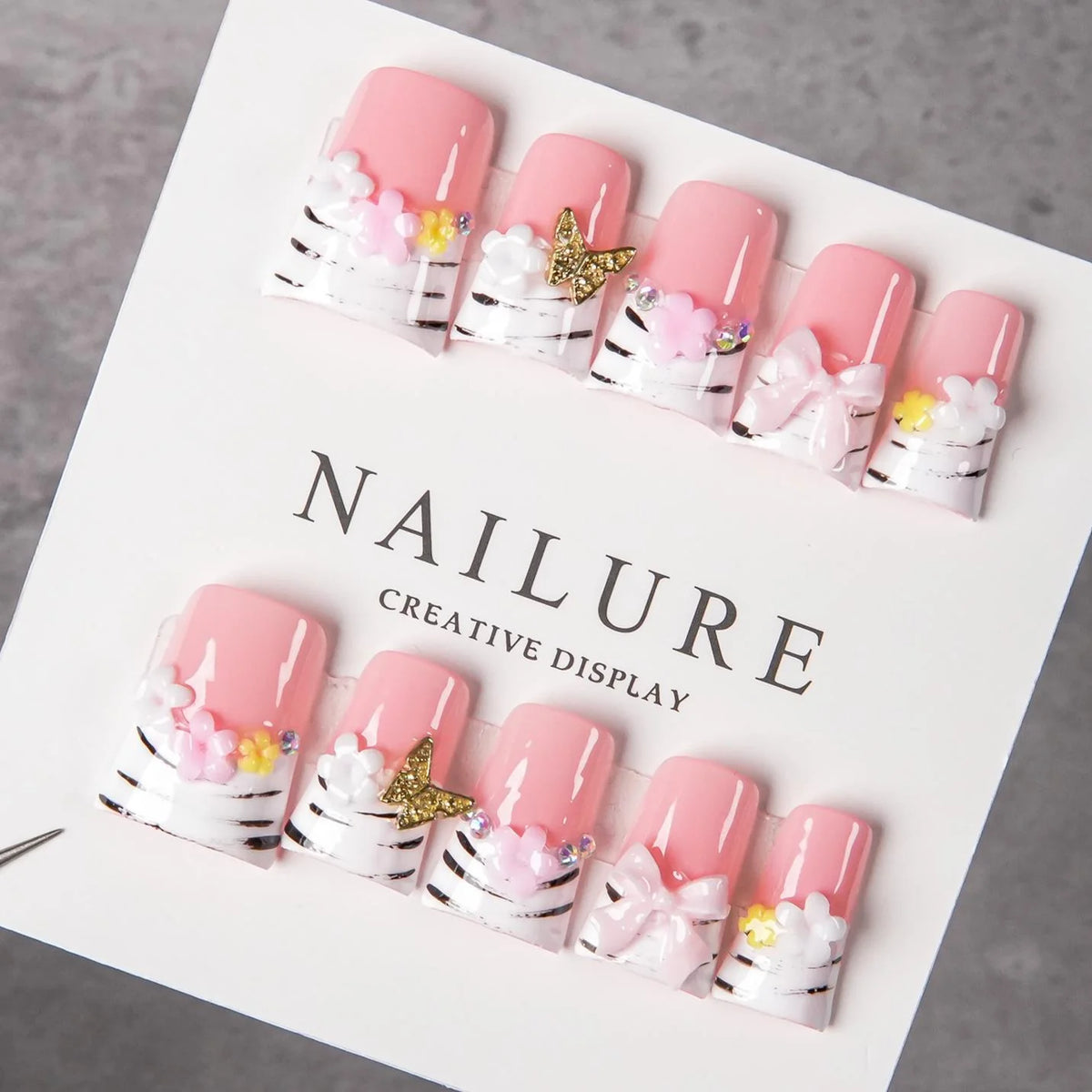 Press-On Nail Set Pre-Designed Pink Floral & Butterfly