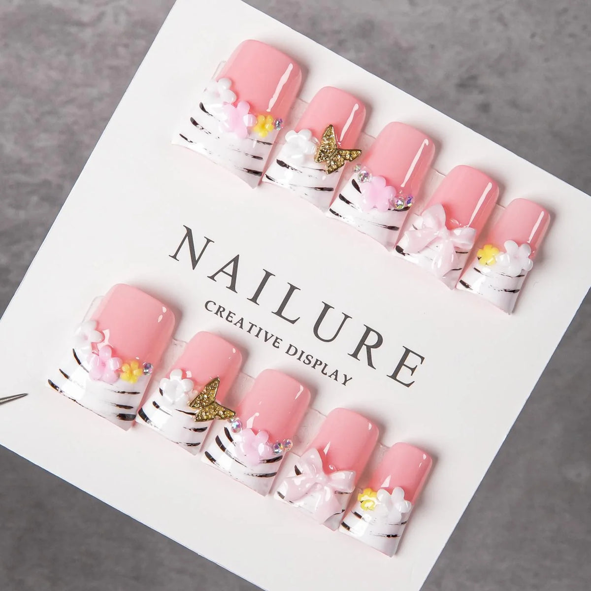 Press-On Nail Set Pre-Designed Pink Floral & Butterfly
