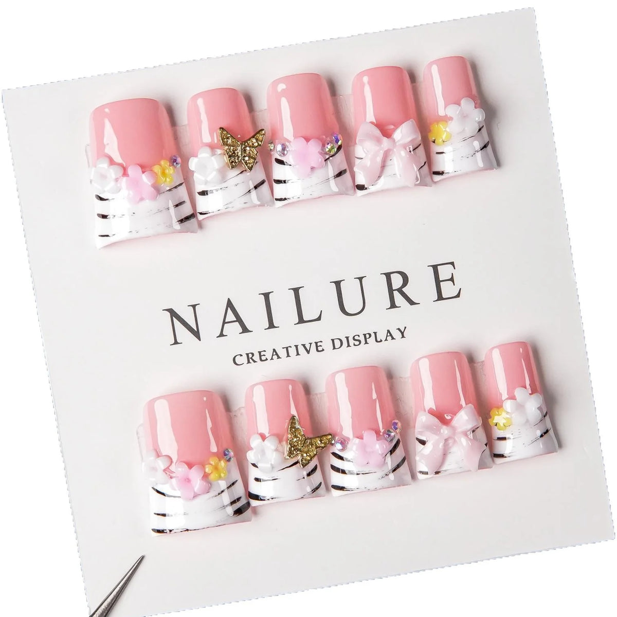 Press-On Nail Set Pre-Designed Pink Floral & Butterfly