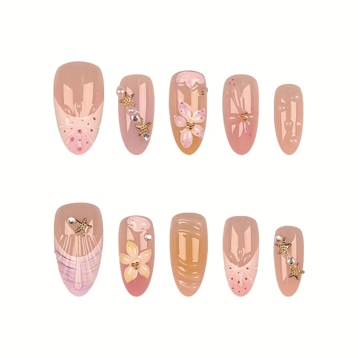 Press-On Nail Set Pre-Glued Acrylic Floral & Embellished