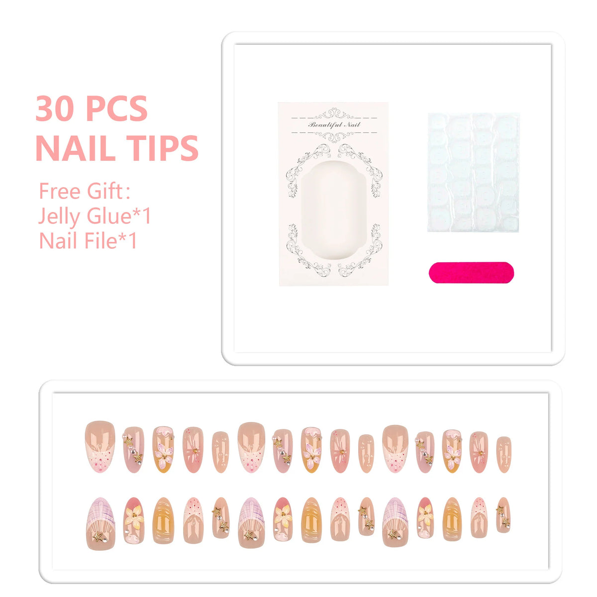 Press-On Nail Set Pre-Glued Acrylic Floral & Embellished