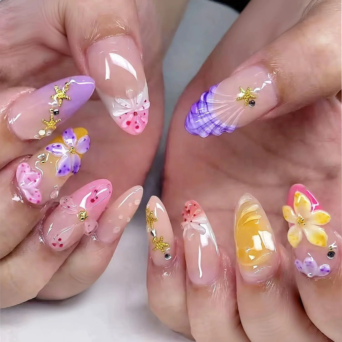 Press-On Nail Set Pre-Glued Acrylic Floral & Embellished