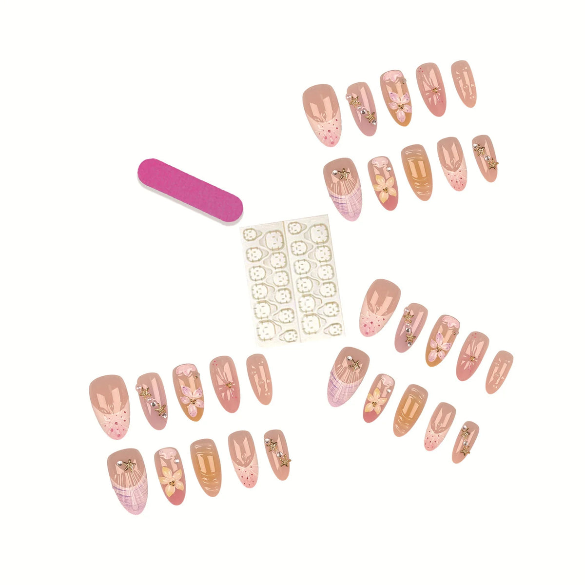 Press-On Nail Set Pre-Glued Acrylic Floral & Embellished