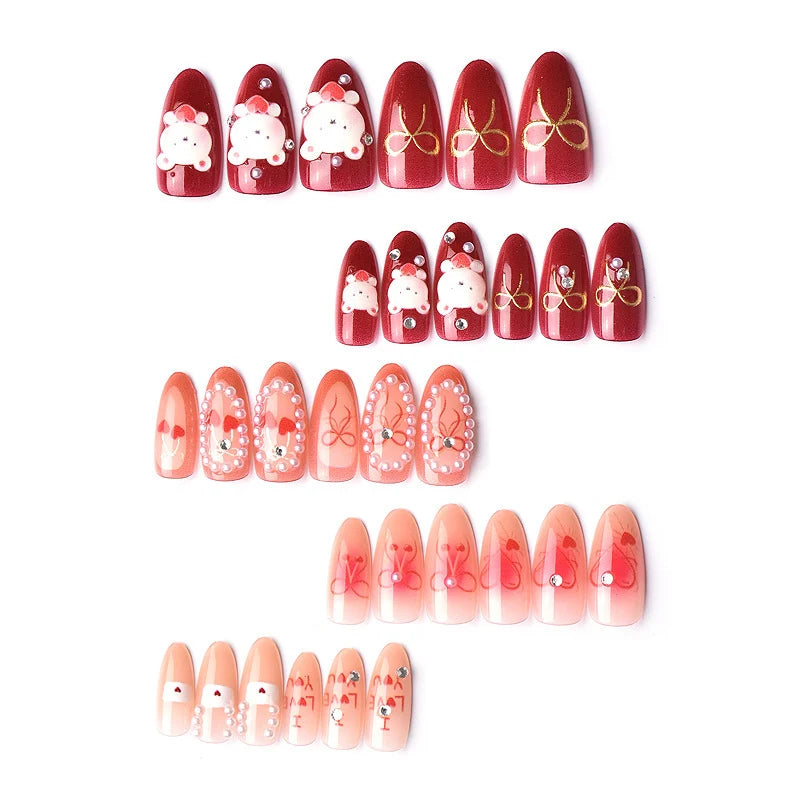 Press-On Nail Set Pre-Glued Bear & Floral Designs