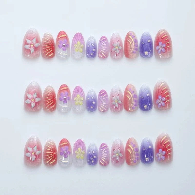 Press-On Nail Set Pre-Glued Floral Designs