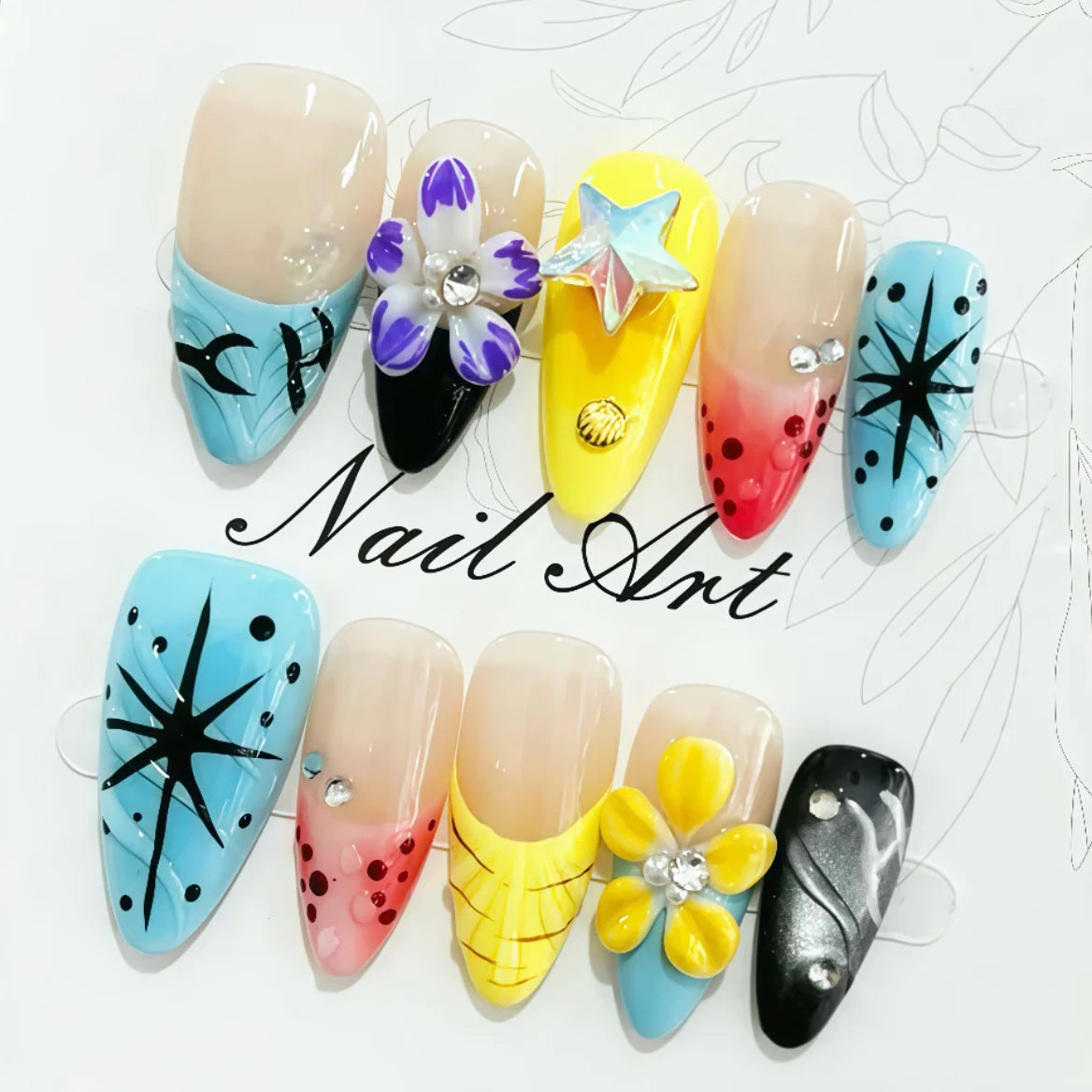 Press-On Nail Set Pre-Glued Floral Designs Chip-Resistant