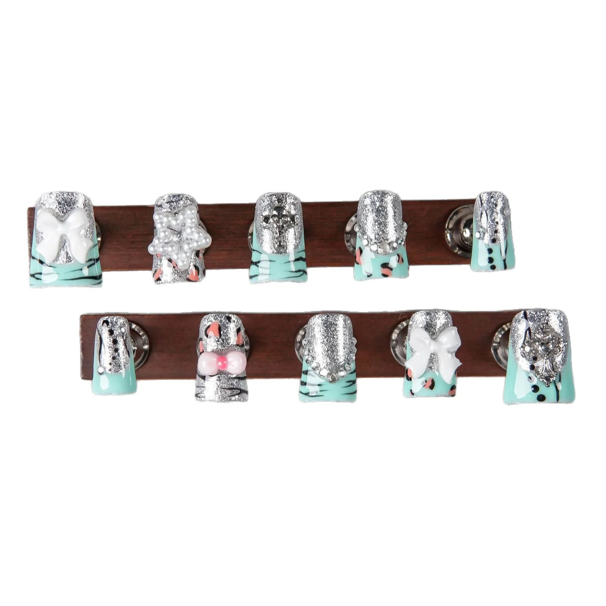 Press-On Nail Set Pre-Glued Glitzy Silver Accents Ergonomic Fit
