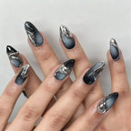 Press-On Nail Set Pre-Shaped Black & Silver Swirl