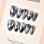 Press-On Nail Set Pre-Shaped Black & Silver Swirl