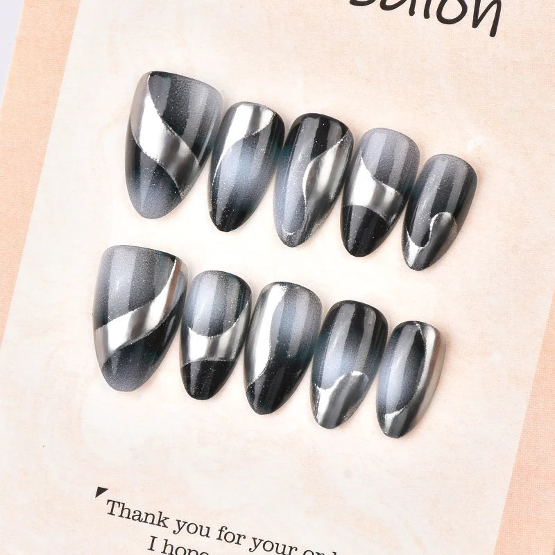 Press-On Nail Set Pre-Shaped Black & Silver Swirl