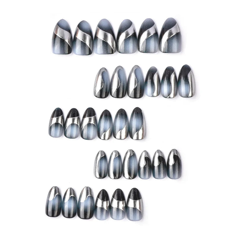 Press-On Nail Set Pre-Shaped Black & Silver Swirl