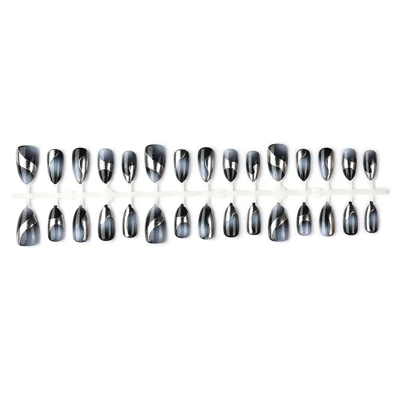 Press-On Nail Set Pre-Shaped Black & Silver Swirl
