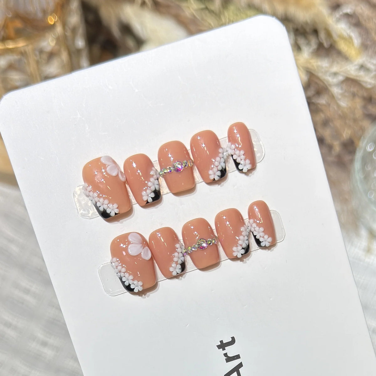 Press-On Nail Set Purple Floral Design Multiple Sizes