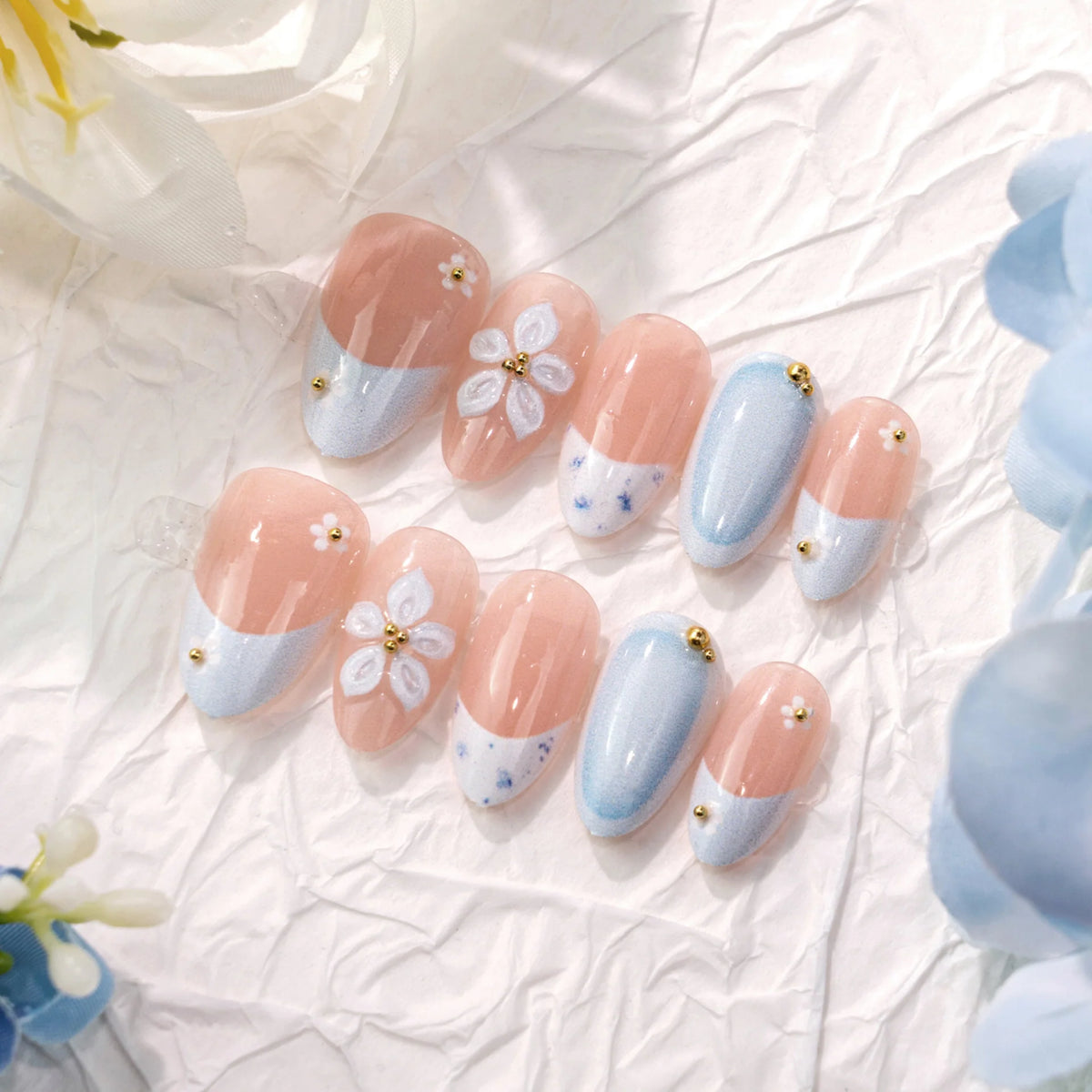 Press-On Nail Set Purple Floral Embellished Easy Application