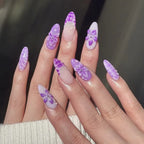 Press-On Nail Set Purple Floral Peel-On & Reusable