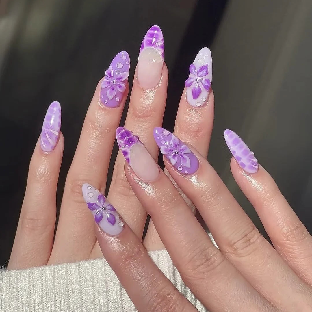 Press-On Nail Set Purple Floral Peel-On & Reusable