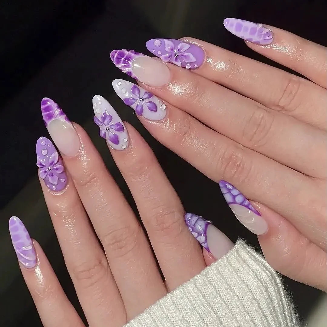 Press-On Nail Set Purple Floral Peel-On & Reusable